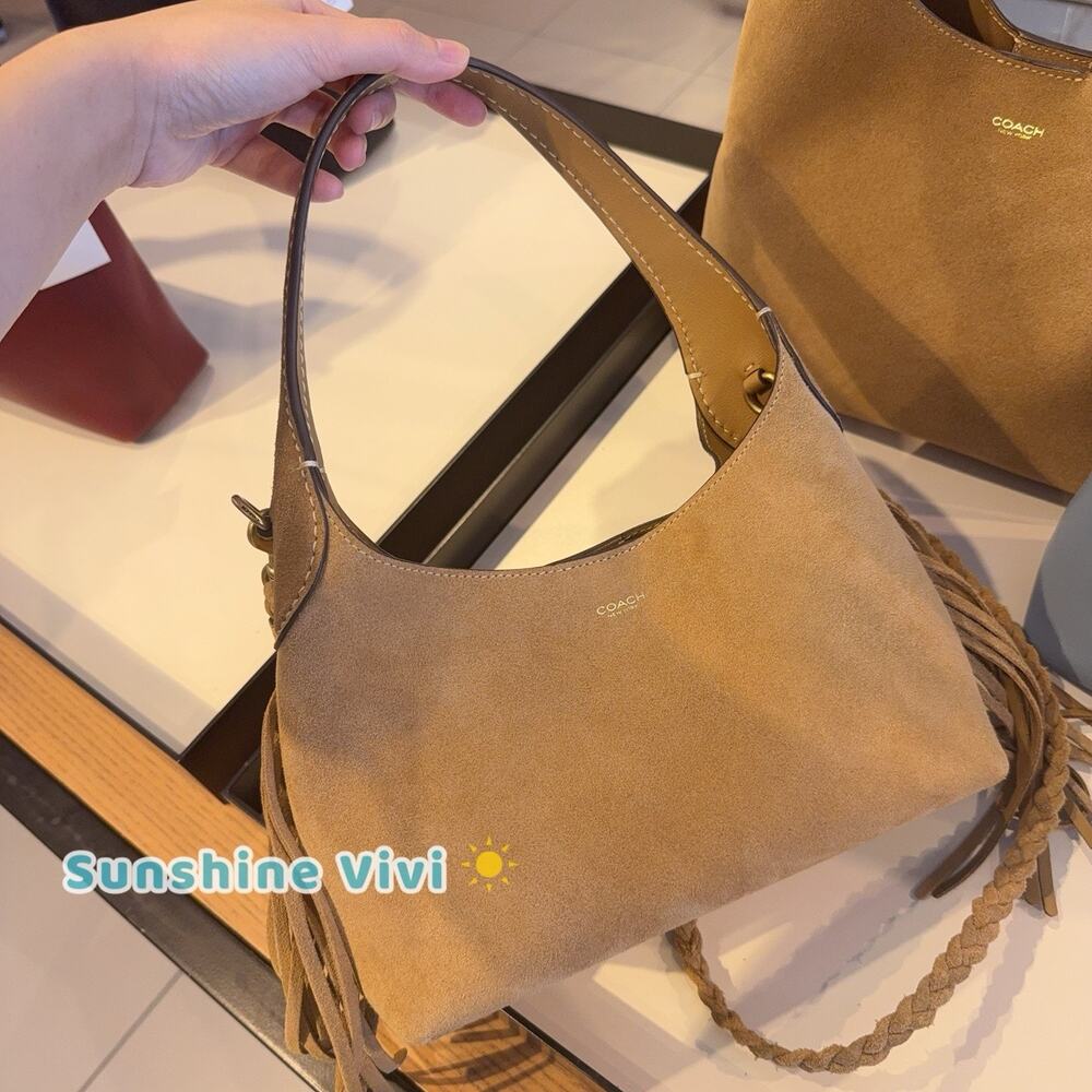 Coach Tan Suede Shoulder Bag with Braided Strap - Picture 2 of 14